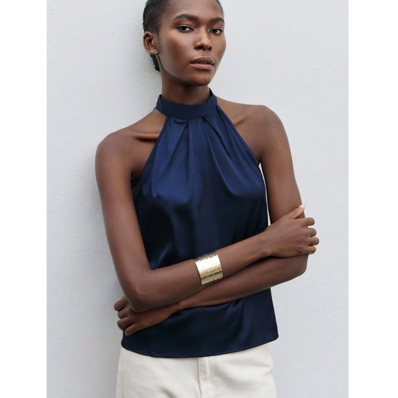 Navy Blue Satin Halter Blouse Top - Picture 8 of 14